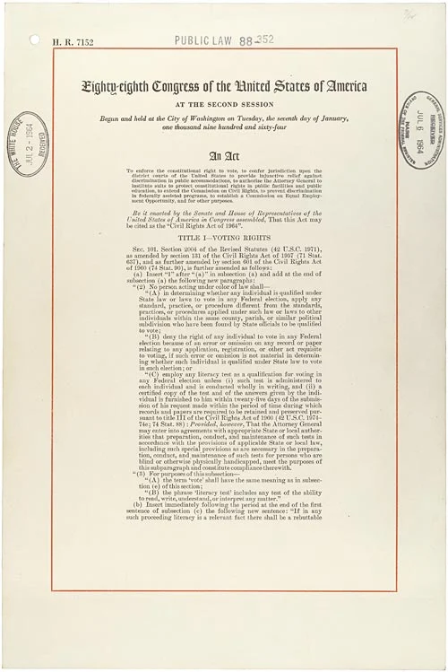 First page of the Civil Rights Act of 1964; National Archives.