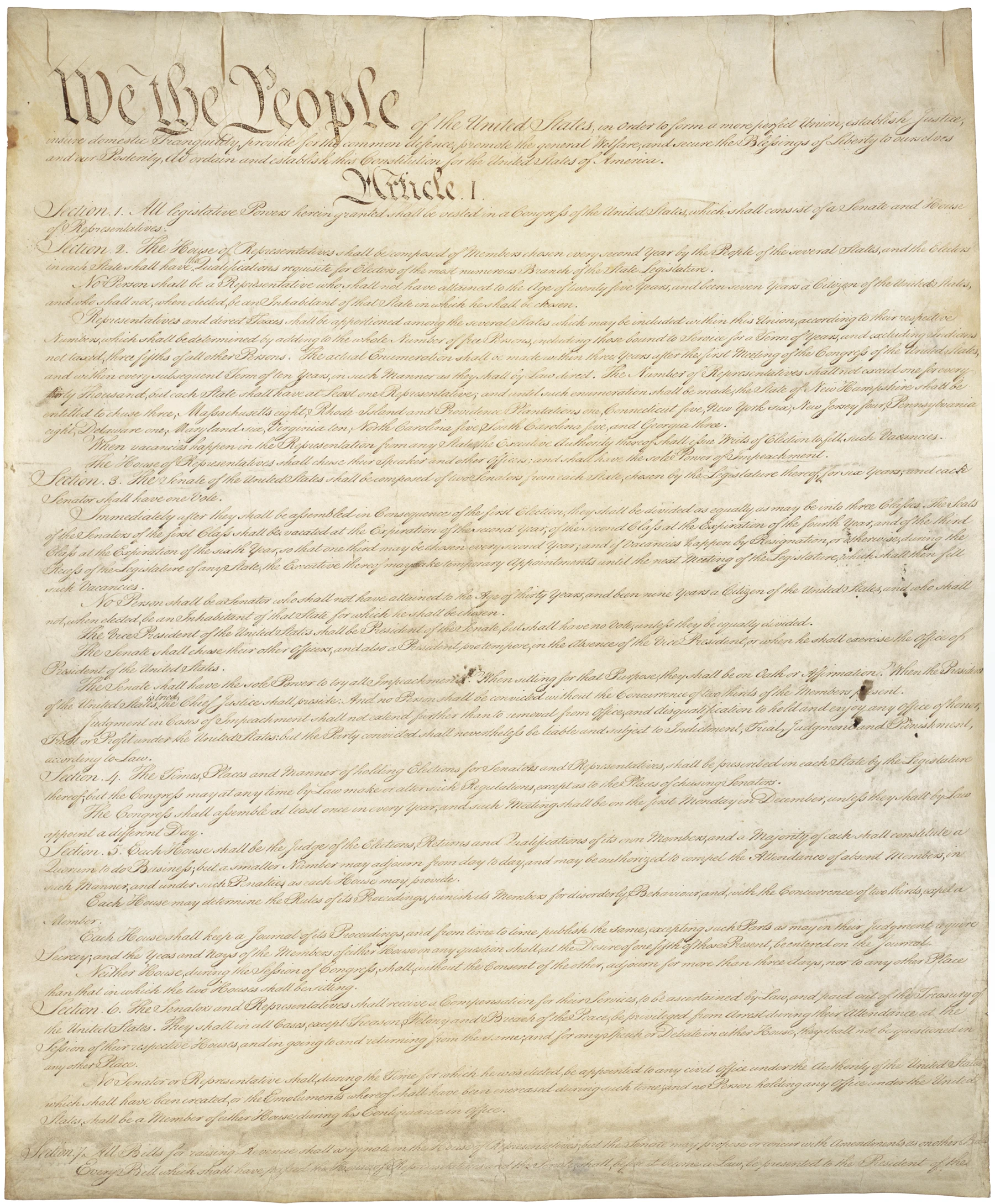 First page of the United States Constitution; National Archives.