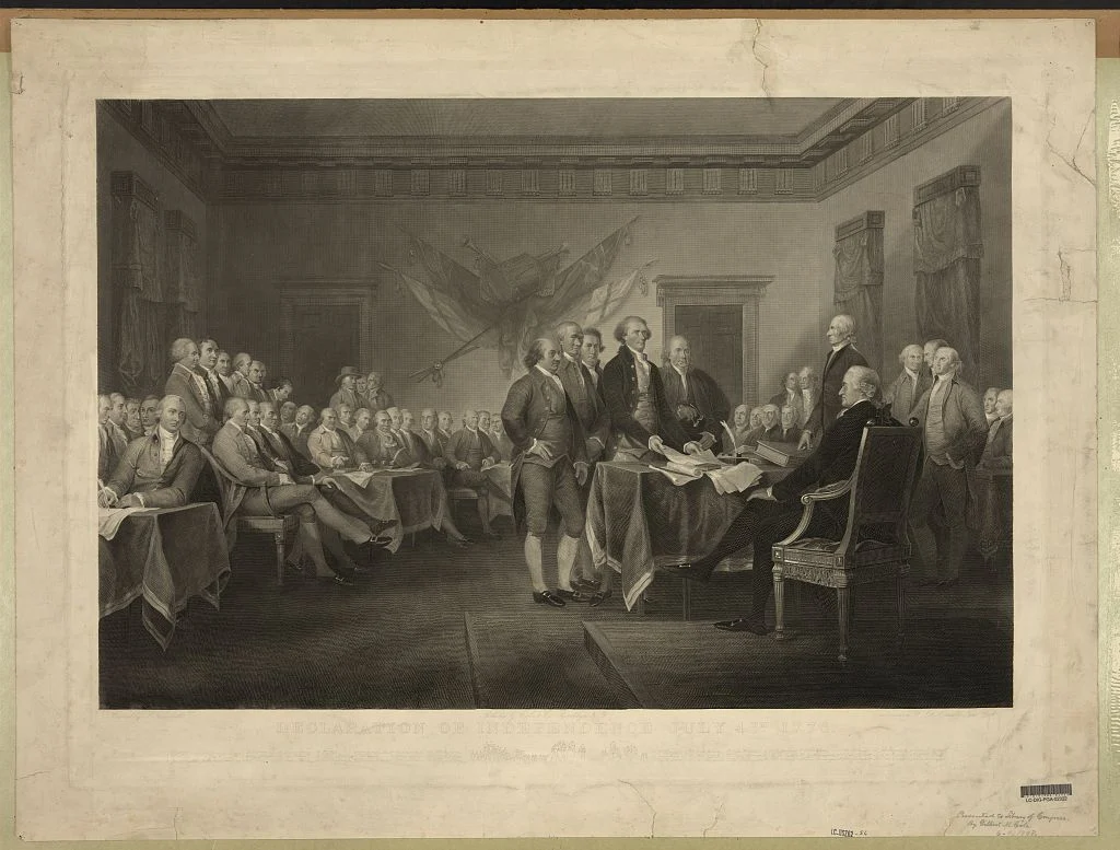 Ormsby engraving, 1876, after Trumbull’s 1818 painting of the presentation of the draft; Library of Congress. Not a photograph of the signing.