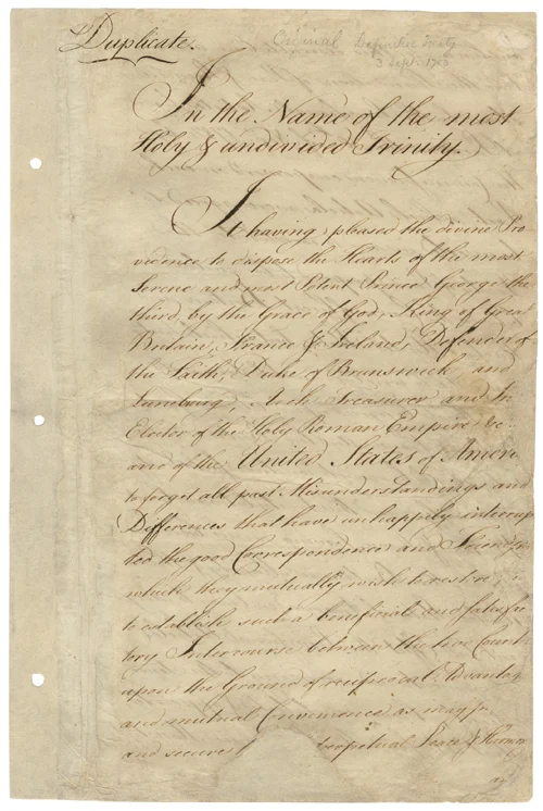 Treaty of Paris, 1783: a separate document illustrating the era of American recognition and diplomacy; National Archives.