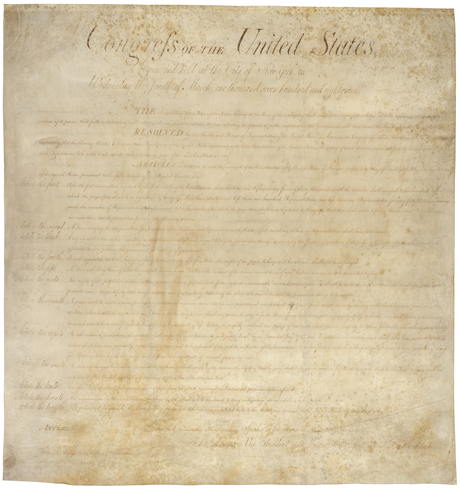 The proposed Bill of Rights, of which ten amendments were ratified in 1791; National Archives.