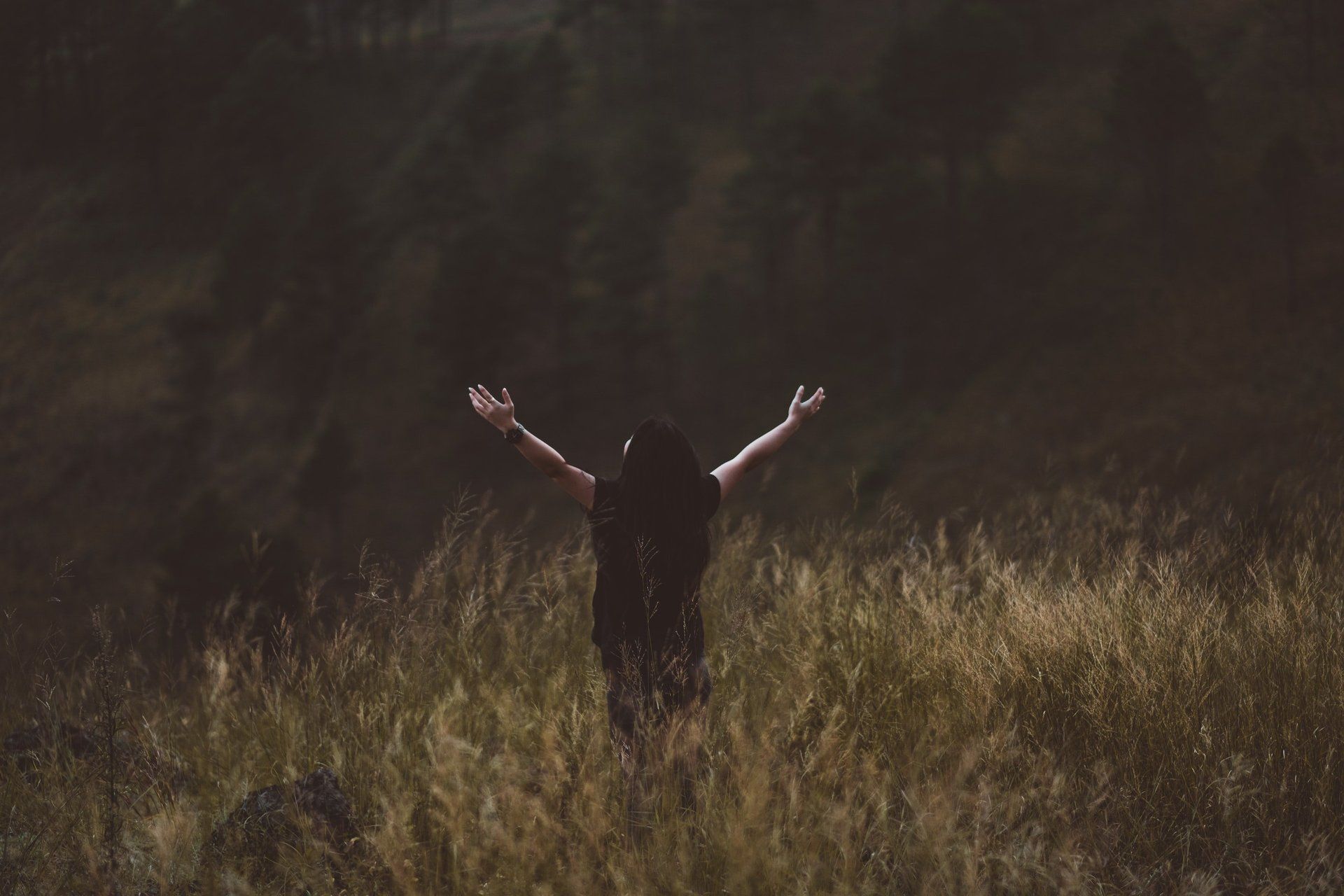 Woman with arms raised in a grassy field, facing away from camera toward a dark treeline.
